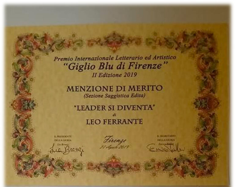 Premio Internazionale Letterario ed Artistico “Giglio Blu di Firenze – II edizione 2019. MENZIONE DI MERITO nella sezione Saggistica Edita.