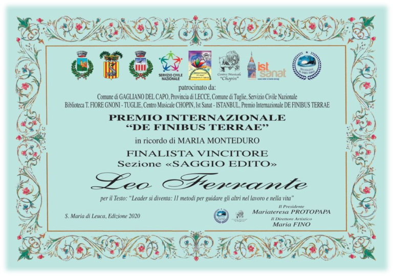 Premio Internazionale “DE FINIBUS TERRAE”. FINALISTA VINCITORE Sezione “SAGGIO EDITO”.